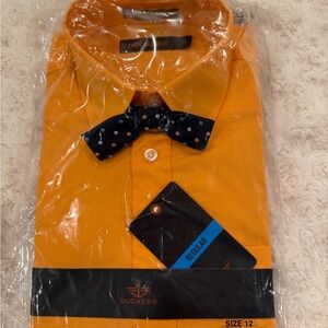 Dockers Men's Bright Orange Dress Shirt with Navy Bow Tie